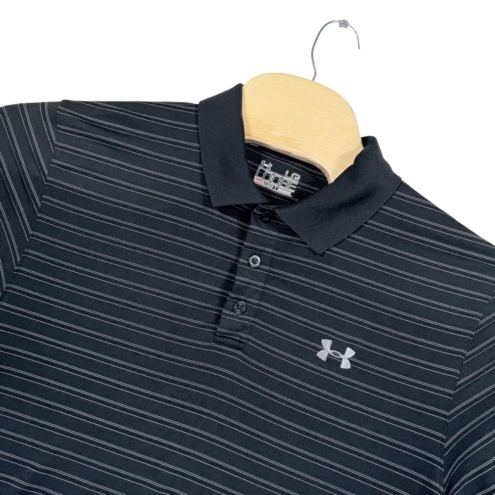 Under Armour Mens L HeatGear Loose Fit Striped Golf Polo Shirt Black‎ Preppy